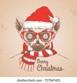 Christmas Hipster fashion animal lemur dressed  a New Year hat and scarf