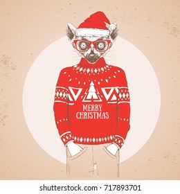 Christmas Hipster fashion animal lemur dressed a New Year hat and pullover