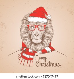Christmas Hipster fashion animal lion dressed  a New Year hat and scarf