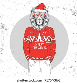 Christmas Hipster fashion animal lion dressed a New Year hat and pullover