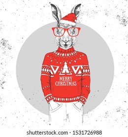 Christmas Hipster fashion animal rabbit dressed in New Year hat and pullover