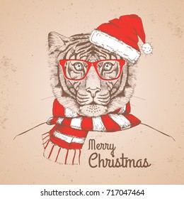 Christmas Hipster fashion animal tiger dressed  a New Year hat and scarf