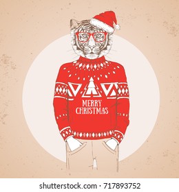 Christmas Hipster fashion animal tiger dressed a New Year hat and pullover