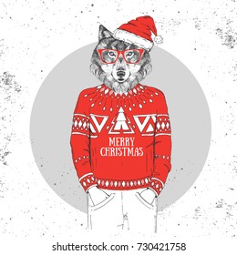 Christmas Hipster Fashion Animal Wolf Dressed A New Year Hat And Pullover