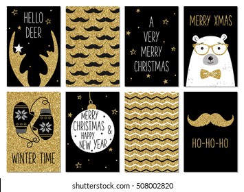 Christmas hipster greeting card templates. Gold glitter, black and white colors. Christmas and New Year gift tags. Golden deer antlers, mustache, polar bear, mittens, chevron. Holiday hipster style.