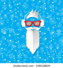 Christmas hipster poster for party or greeting card. Vector illustration. Santa Hipster Claus with vintage sunglasses isolated on blue background with falling snow. vector merry christmas art design