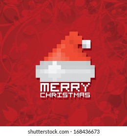 Christmas hipster poster for party or greeting card. Pixel art merry christmas Vector illustration. Pixel santa claus red hat