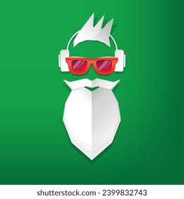 Christmas hipster poster for party or greeting card. Vector illustration. Santa Hipster Claus isolated on green background. vector merry christmas paper style art design template