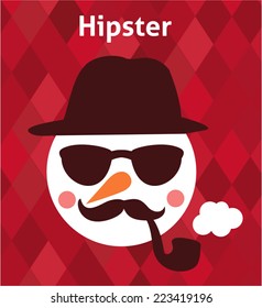 Christmas hipster poster, snowman with a beard and mustache, hispter style