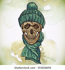 Christmas Hipster Skull. Winter vector illustration