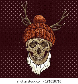 Christmas Hipster Skull. Winter vector illustration