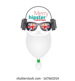 Christmas hipster with union jack flag sunglasses poster for party or greeting card. Vector illustration. British merry christmas illustration.