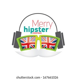 Christmas hipster with union jack flag sunglasses poster for party or greeting card. Vector illustration. British merry christmas illustration.
