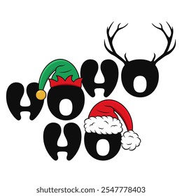 Christmas "HO HO HO" design with santa hat, elf hat, deer antlers