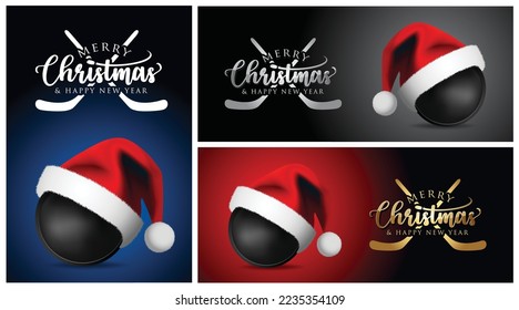 Weihnachtshockey-Puck und Weihnachtsmütze - Frohe Weihnachtsgottkarte - Vektordesign-Illustration - Set mit blaugoldschwarzem Hintergrund