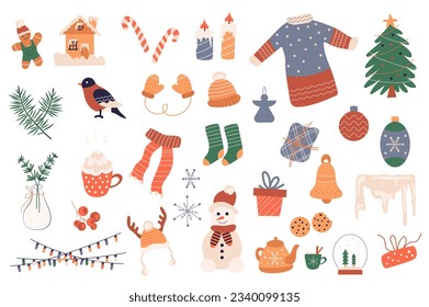 Christmas holiday 2024 mega set in graphic flat design. Bundle elements of snowman, gingerbread, socks, gifts, candles, garland, wreath, festive tree and other decor. Vector illustration stickers