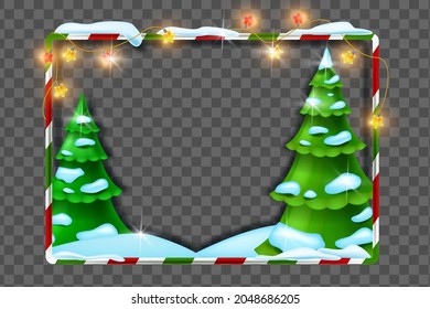 Marco 3D de vacaciones de Navidad, fondo de decoración vectorial de Año Nuevo, deriva de nieve, tierra de luz. Banner de juego de interfaz de usuario de invierno X-mas, celebración festividad de pino decoración de borde de foto. marco de la temporada navideña