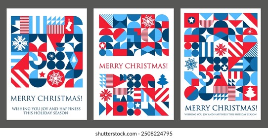 Christmas holiday abstract geometric greetings poster. Vector vibrant festive xmas cards in red, blue and white, with bold shapes and patterns, snowflakes, stars, and elements. Merry Christmas wishes