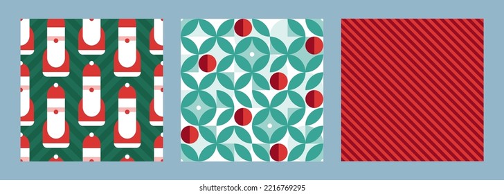 Christmas holiday abstract seamless pattern set. Vector illustration. Collection of red and green geometric ornament with santa claus background tile. Design for xmas wrapping paper, fabric