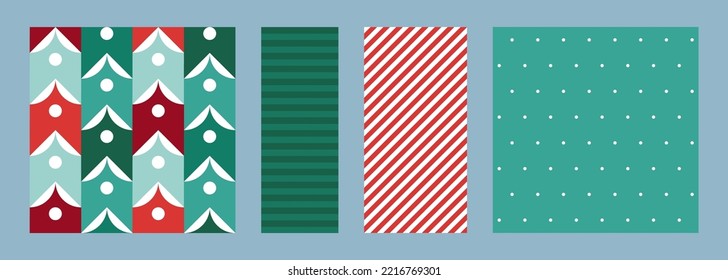 Fiesta de Navidad abstracta juego de patrones sin fisuras. Ilustración vectorial. Colección de fondo decorativo geométrico rojo y verde. Diseño para navidad y papel de envoltura de año nuevo, tela