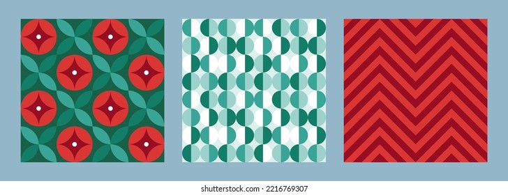 Christmas holiday abstract seamless pattern set. Vector illustration. Collection of red and green geometric ornament with toy ball background tile. Design for xmas and new year wrapping paper, fabric