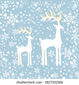 Christmas holiday. Abstract winter background. Blue color and snowflakes. Mom deer and baby deer. Cartoon art.