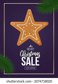 Christmas holiday ad poster. Ginger cookie and sale text.