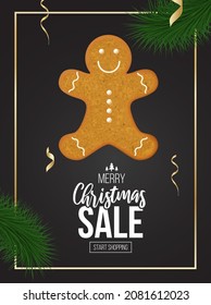 Christmas holiday ad poster. Ginger cookie man and sale text.