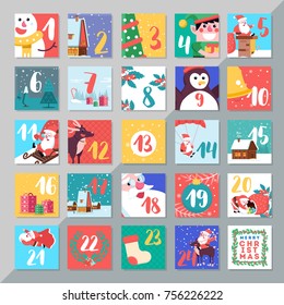 Christmas holiday advent calendar template design. Merry xmas days countdown game with card decorations.