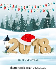 Christmas holiday background with 2018 and red Santa hat. Vector.