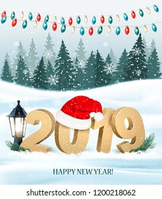 Christmas holiday background with 2019 and red Santa hat. Vector.