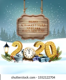 Christmas Holiday background with 2020 with presents and wooden sign. Vector. 