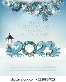 Christmas Holiday Background background with 2023 and wreath. Vector.