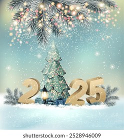 Christmas holiday background with a 2025 and gift boxes and ribbons. Vector.