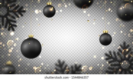 Christmas holiday background with black balls. Vector illustration with realistic balls, snowflakes, golden confetti and bokeh with blur effect on transparent background.
