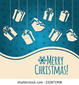 Christmas holiday background. Bright stickers with presents and decorations. Greeting card template. Eps 10 vector illustration.