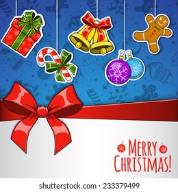 Christmas holiday background. Bright stickers with presents and decorations. Greeting card template. Eps 10 vector illustration.