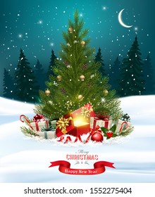 Christmas holiday background with colorful gift boxes and magic box. Vector.