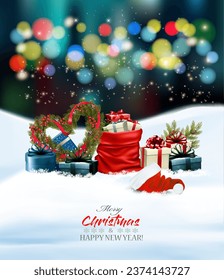 Christmas holiday background with colorful gift boxes and chrismas hat. Vector illustration