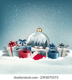 Christmas holiday background with colorful gift boxes, transparent christmas ball and branch of tree. Vector.