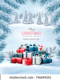 Christmas holiday background with colorful gift boxes. Vector.