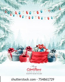 Christmas holiday background with colorful gift boxes. Vector.