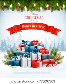 Christmas holiday background with colorful gift boxes and branches of tree. Vector. 