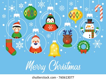 Christmas holiday background with cute characters in baubles for graphic and web design