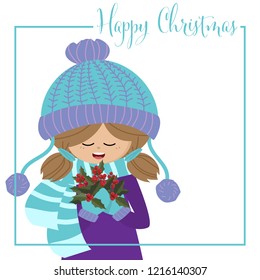 Christmas holiday background of cute girl in winter costume with yarn hat and scarf hold holly berry branch and Happy Christmas text frame on white background. Christmas cartoon character design.