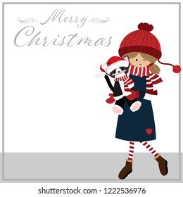 Christmas holiday background of cute girl in winter costume hold a cat doll wear Santa hat and red scarf on white background with Merry Christmas text and your copy space. Christmas cartoon character 