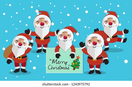 Christmas holiday background. Decorations with 5 Santa Clauses holding Christmas card on blue background. Great for Christmas and New Year idea concept.