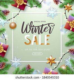 Christmas holiday background with  fir tree, snowflakes, lights, pine cones and gift boxes. Winter big sale poster.
