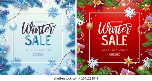 Christmas holiday background with  fir tree, snowflakes, lights, pine cones and gift boxes. Winter big sale poster.