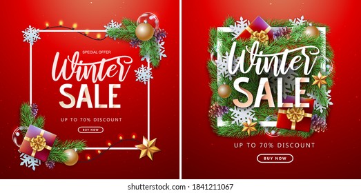 Christmas holiday background with  fir tree, snowflakes, lights, pine cones and gift boxes. Winter big sale poster.